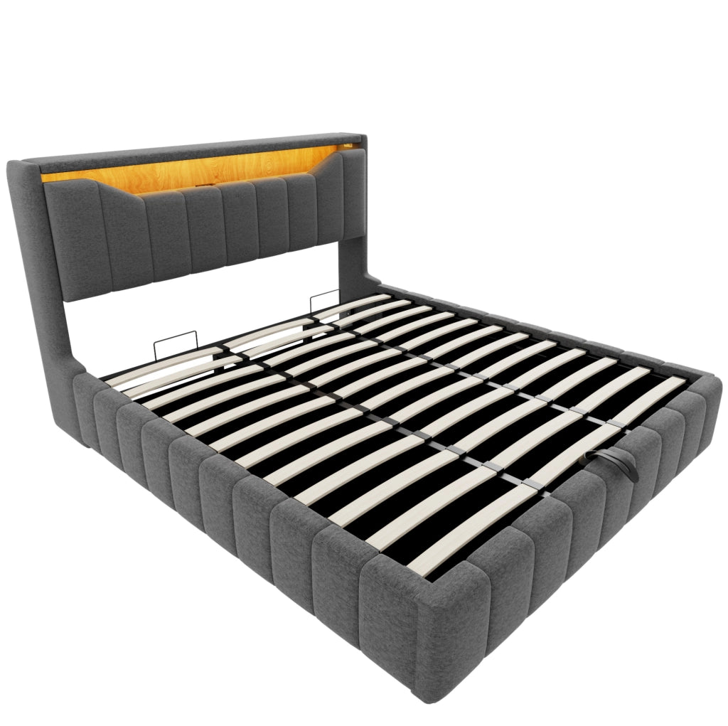 Letto matrimoniale ULEVR 180x200 cm con contenitore idraulico, LED, USB e USB-C, tessuto grigio