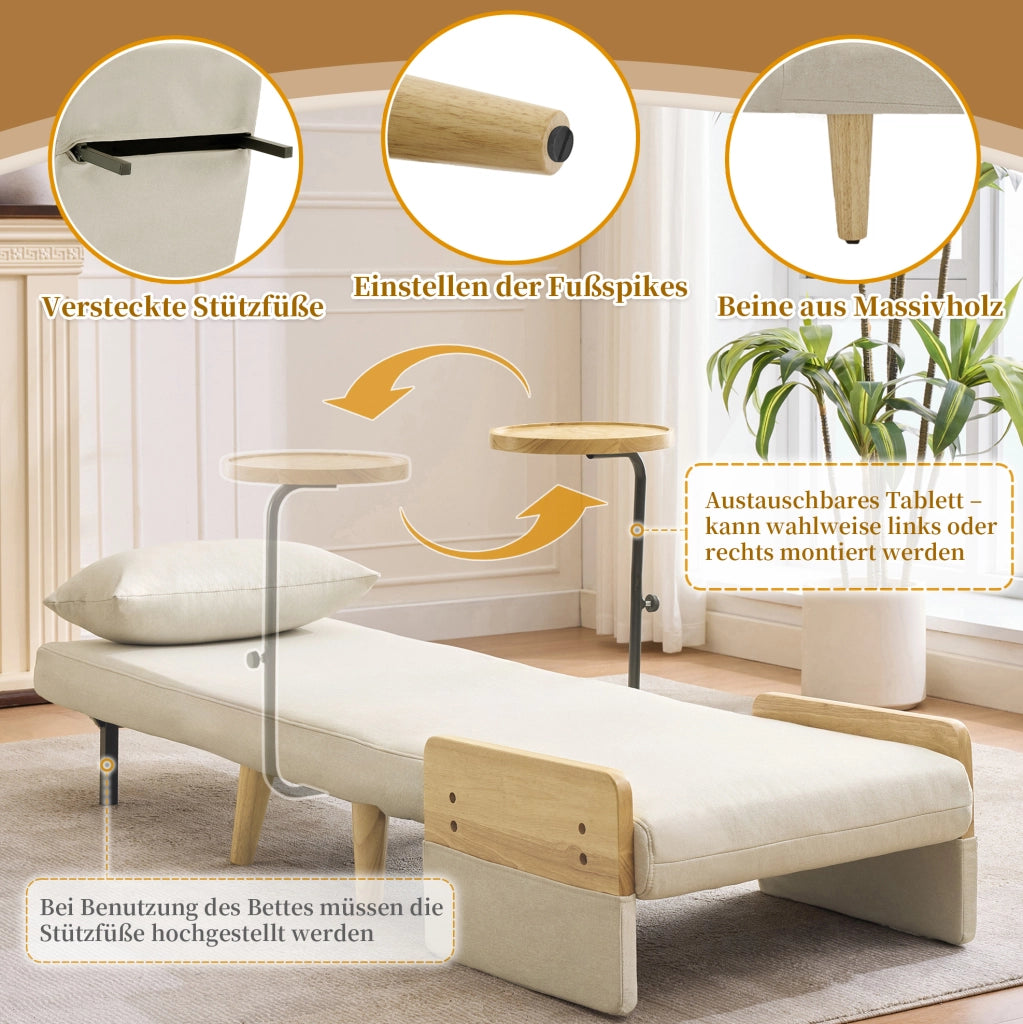 Poltrona letto pieghevole 3 in 1 con schienale regolabile e vassoio; beige