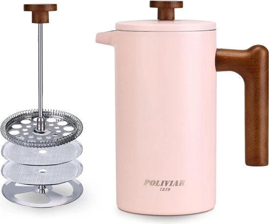 Caffettiera a stantuffo, 1 litro/8 tazze, contenitore a doppia parete isolato e termoresistente, filtro manuale, macchina per caffè con manovella, maniglia in legno, rosso