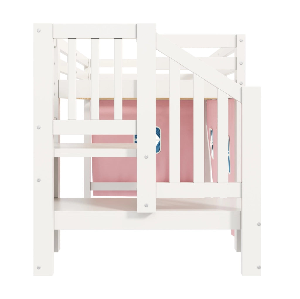 Letto semi-alto 90x200 cm bianco in pino e MDF con tenda oscurante; LED e mobile scala HOMVRA