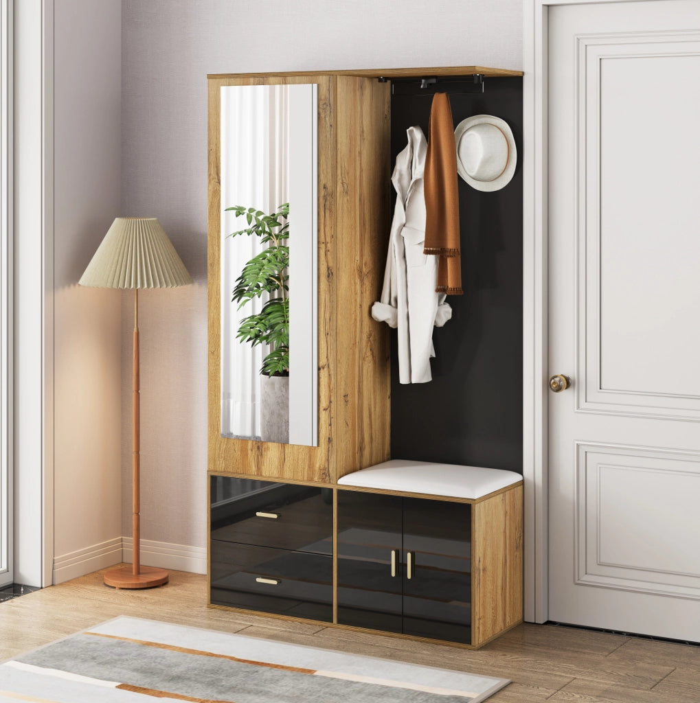 Mobile guardaroba con specchio e panca; 100 ¡Á 38 ¡Á 180 cm; nero e naturale