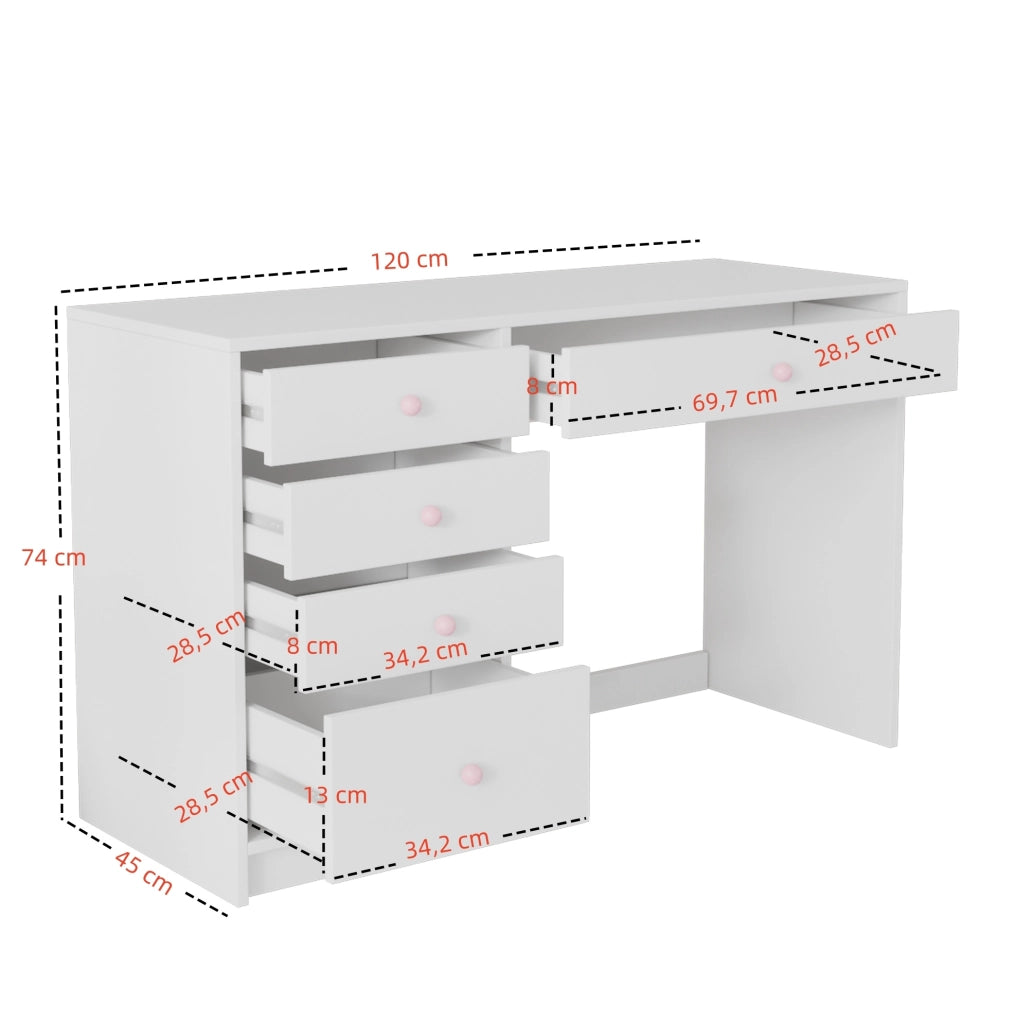 Scrivania bianca 120×45×74 cm con 5 cassetti e maniglie rosa in ceramica, adatta a bambini e adulti