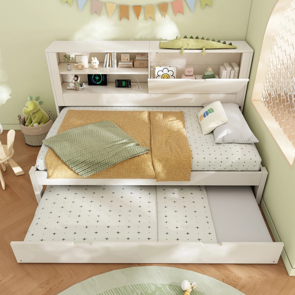 Divano letto 90x190 cm con letto estraibile 90x190 cm; USB e USB-C; vano contenitore; legno bianco