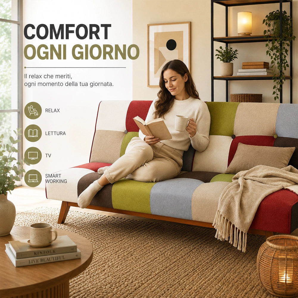 Divano Letto 2/3 Posti Click Clack in Tessuto Patchwork Reclinabile Gambe in legno