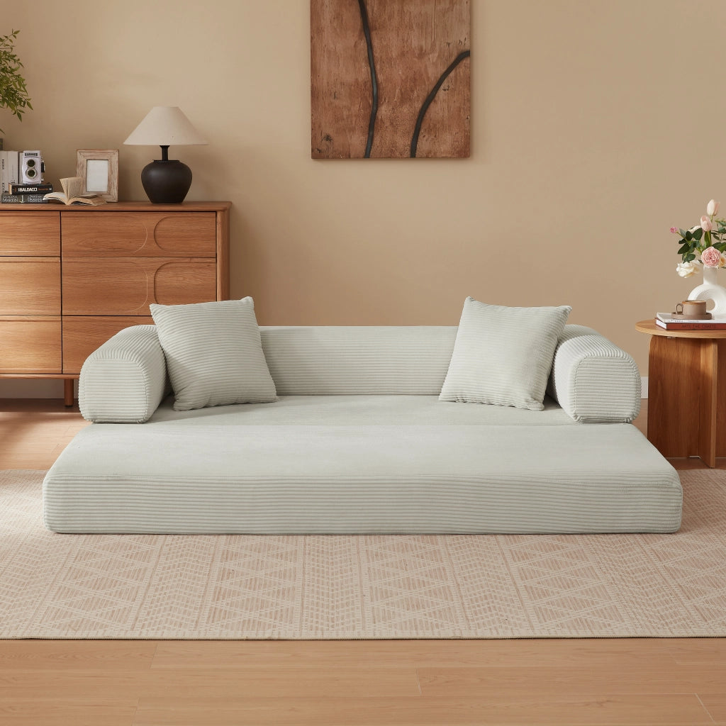 Divano letto modulare trasformabile con funzione letto singolo e struttura stabile, in velluto beige