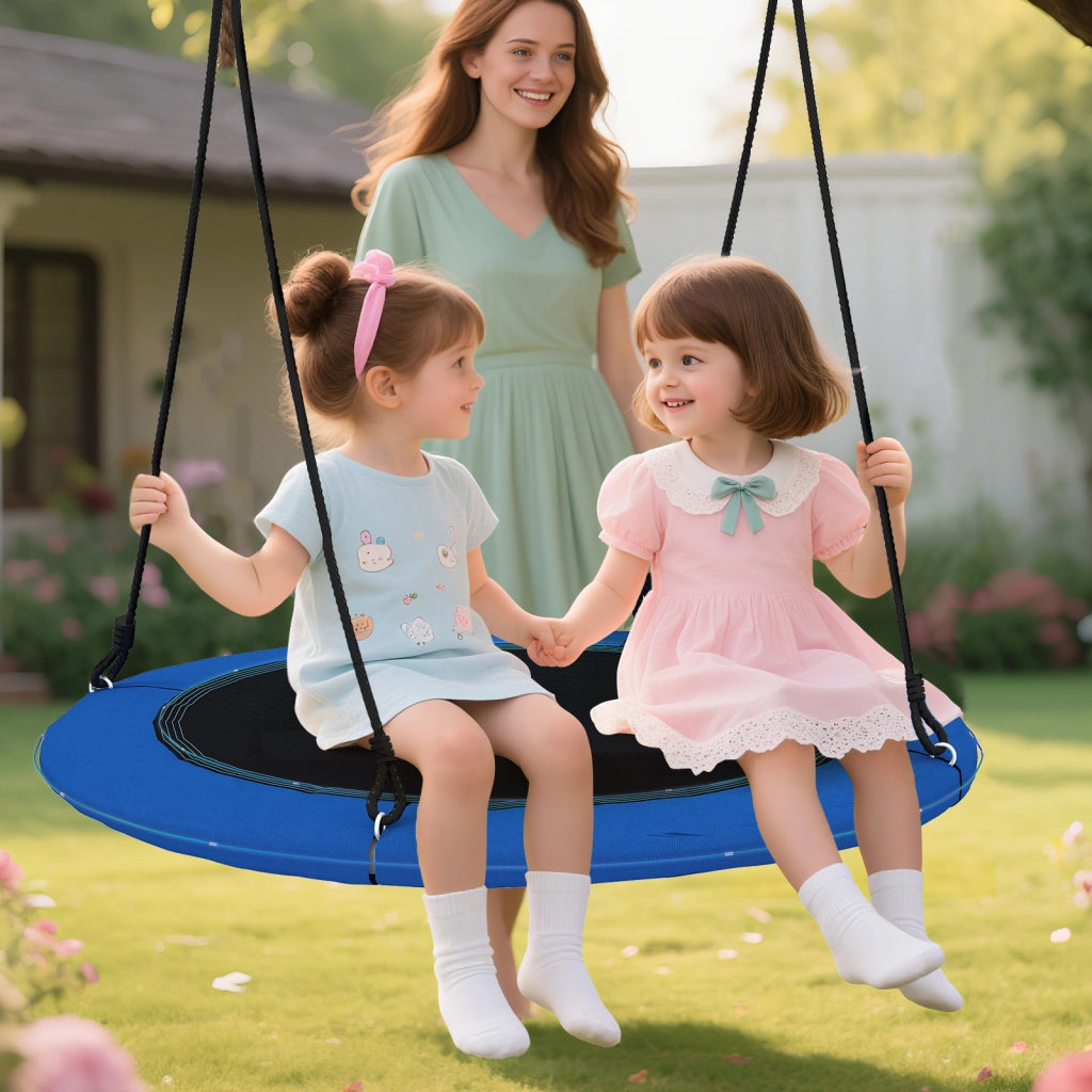 Altalena a nido 100cm con luci LED 2 funi regolabili per bambini, Altalena rotonda portata 300kg da esterno Blu scuro