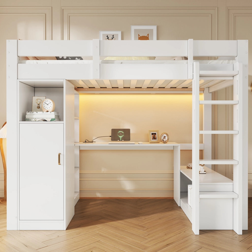 Letto a soppalco 90x200 con scrivania integrata; armadio e LED; bianco