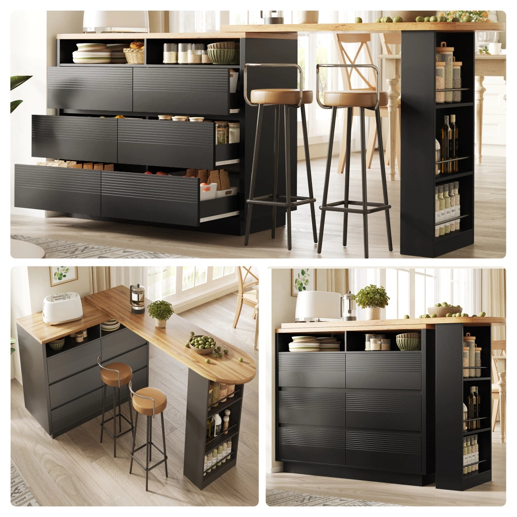 Tavolo alto allungabile girevole con 6 cassetti e ripiano laterale in MDF nero 137 × 39 × 102.3 cm