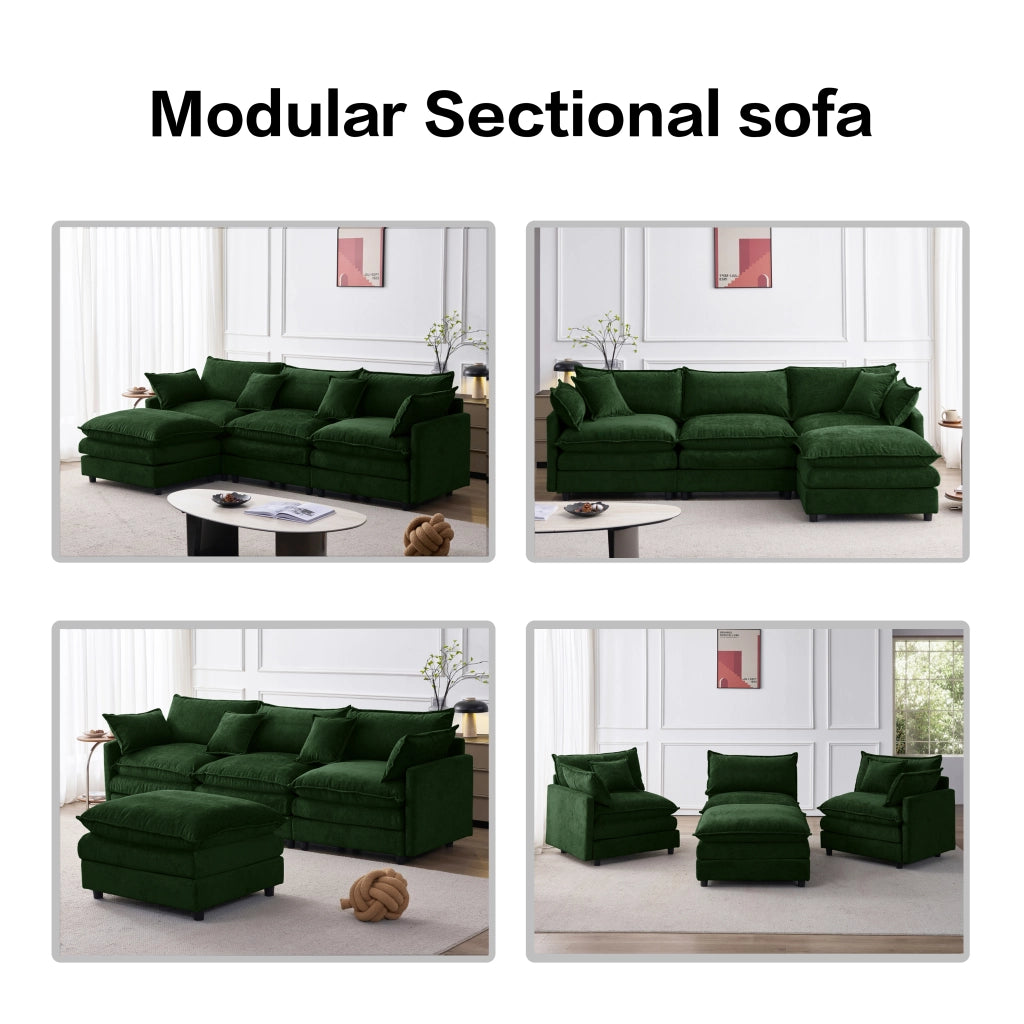 Divano angolare modulare a 3 posti con chaise longue e pouf in chenille verde