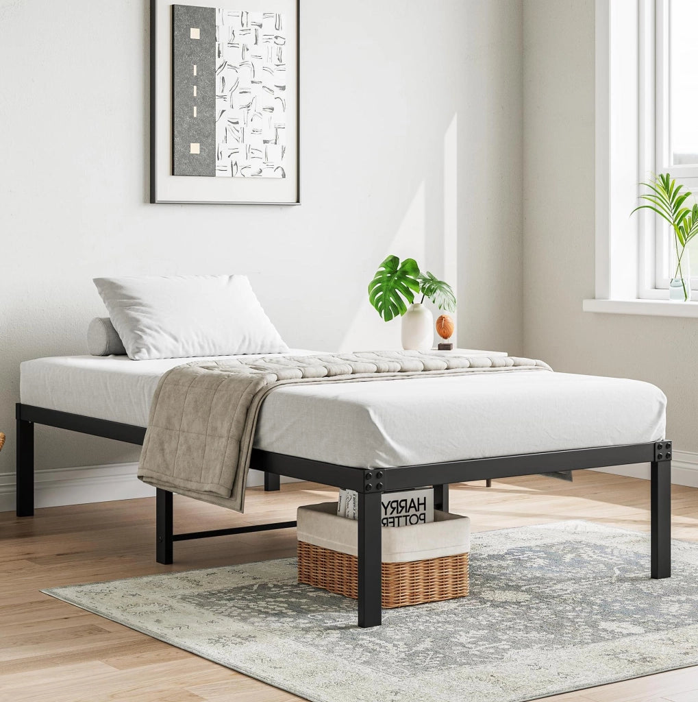 Struttura letto 90x200 cm in metallo nero con doghe in acciaio e spazio sottostante