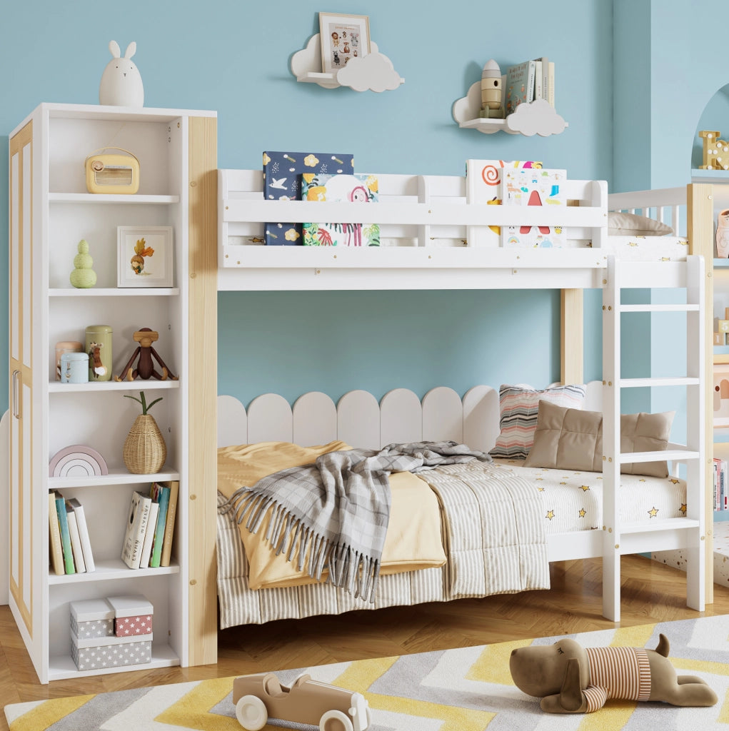 Letto a castello 90x200 cm con armadio, ripiani e scala, bianco/naturale