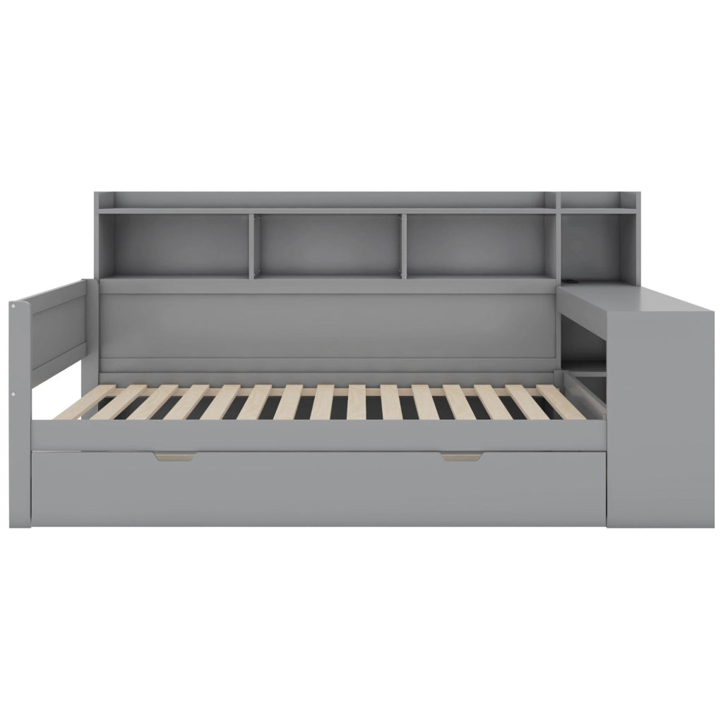 Letto singolo multifunzione 90x200 cm con scrivania; 2 cassetti; prese USB; grigio