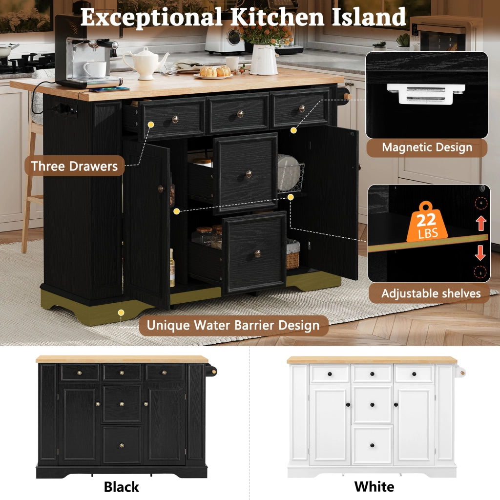 Mobile contenitore da cucina con piano pieghevole, 5 cassetti e prese integrate, in MDF nero, 130,5 × 40-65 × 92 cm