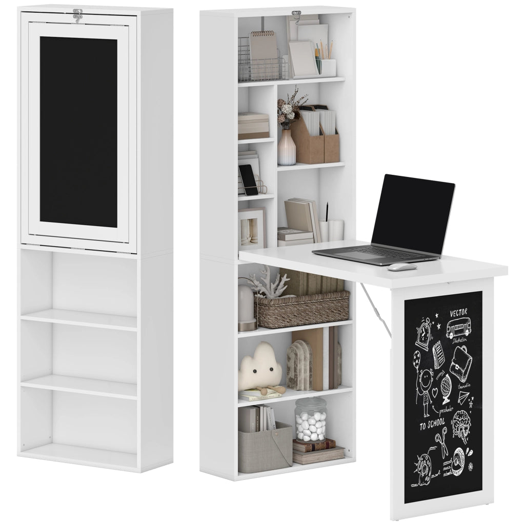 Scrivania PC Pieghevole con Libreria a 9 Ripiani in Legno e Metallo. 98x51x153 cm. Bianco