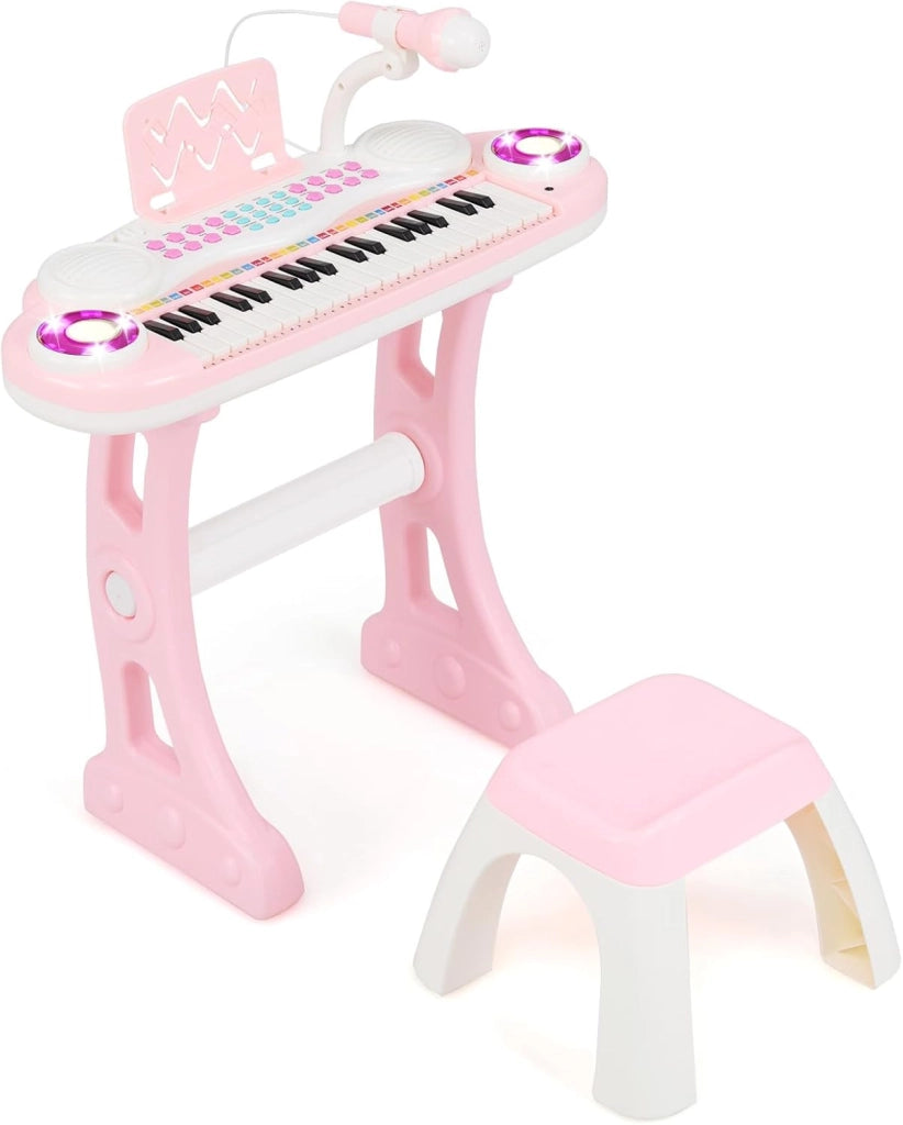 Tastiera Pianoforte a 37 Tasti per Bambini, Piano Elettronico per Bambini con Microfono, Sgabello e Supporto per Spartiti, 8 Ritmi e 8 Strumenti, per Bambini 18+ Mesi (Rosa)