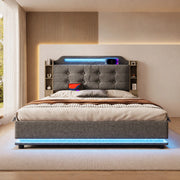 Letto contenitore 140 × 200 cm con LED USB e Type-C rivestito in lino grigio con vani laterali
