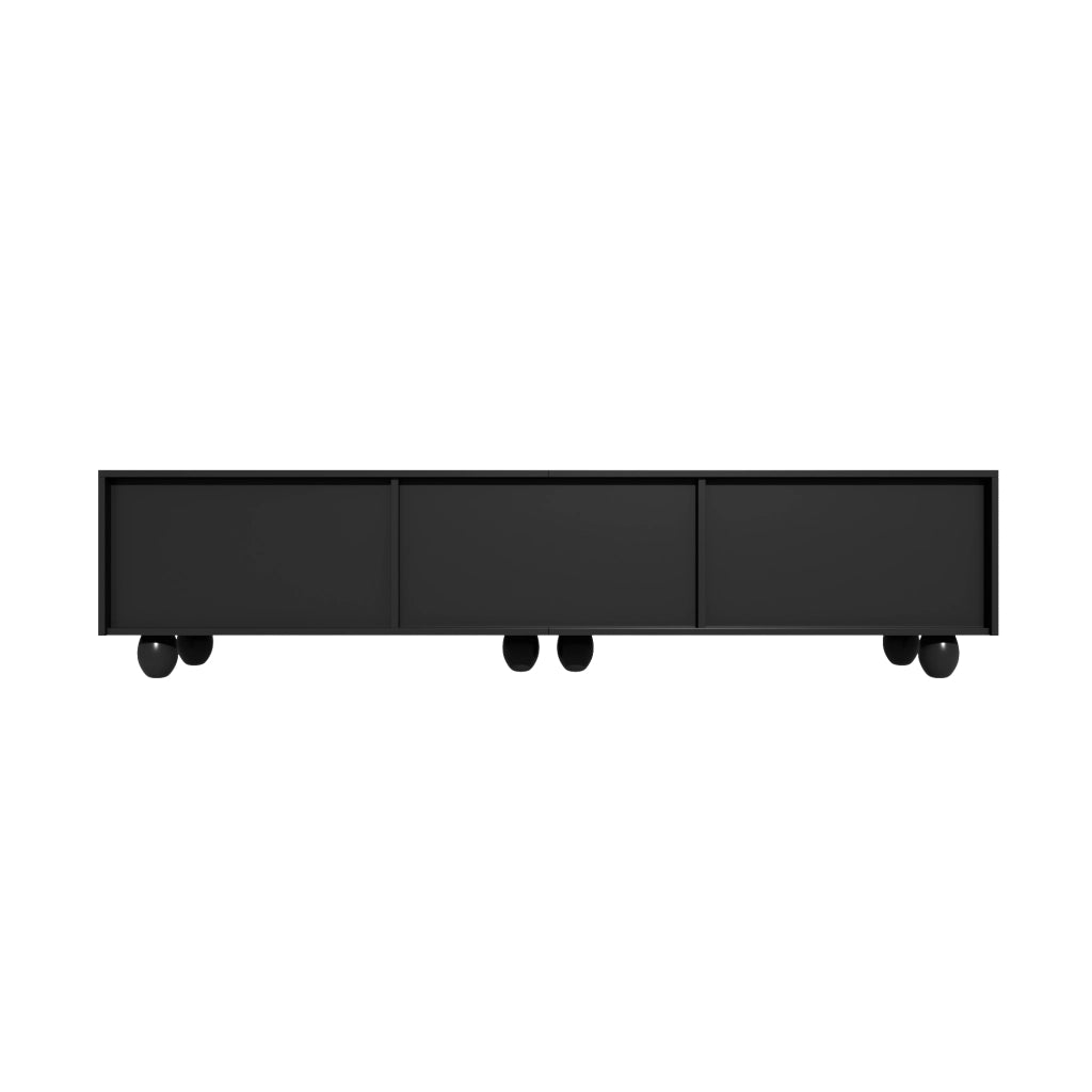 Mobile TV con ante curve e cassetti in pannello truciolare nero opaco con gambe in legno 180 × 40 × 42 cm