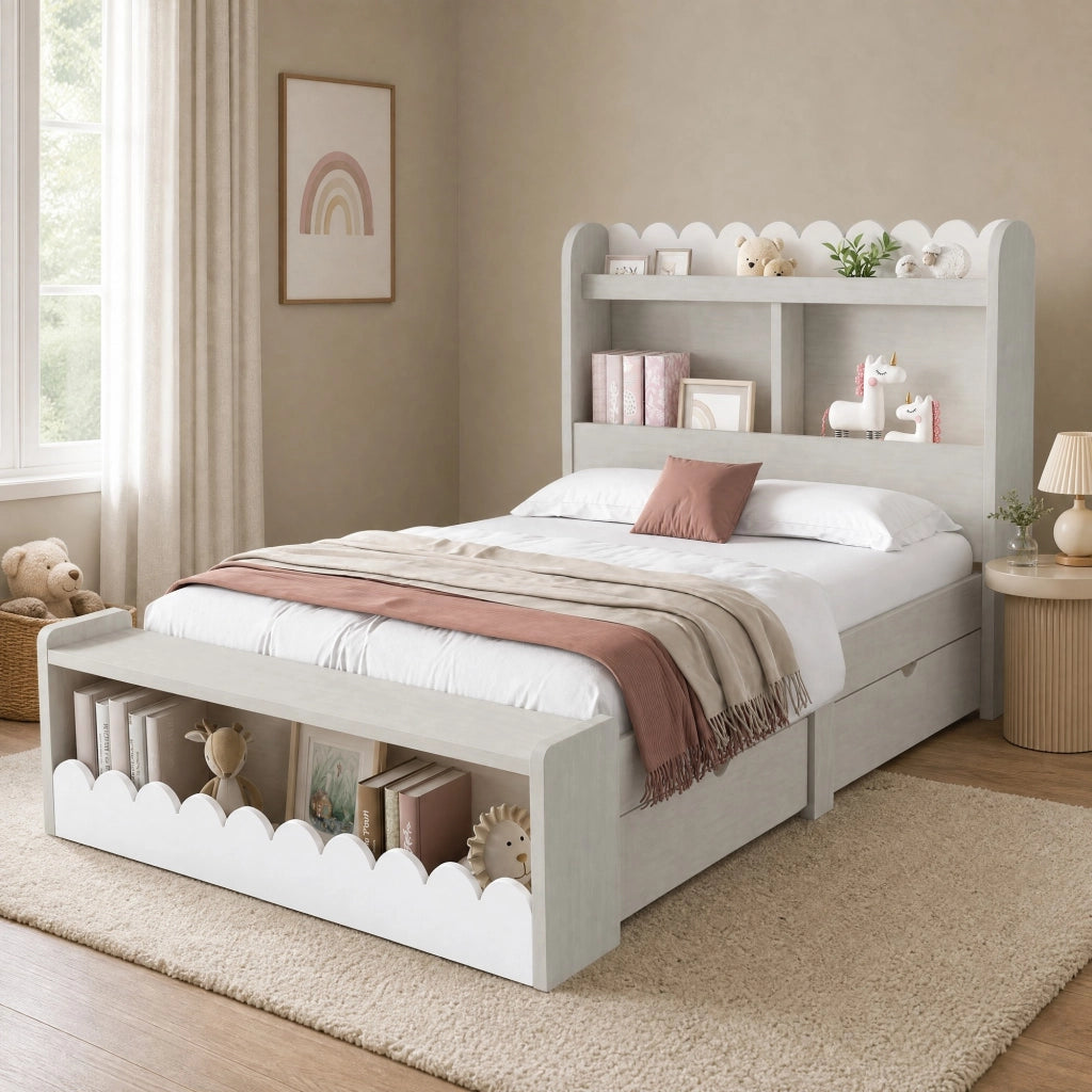 Letto singolo 90 x 200 cm con cassetti, ripiani e panca contenitore