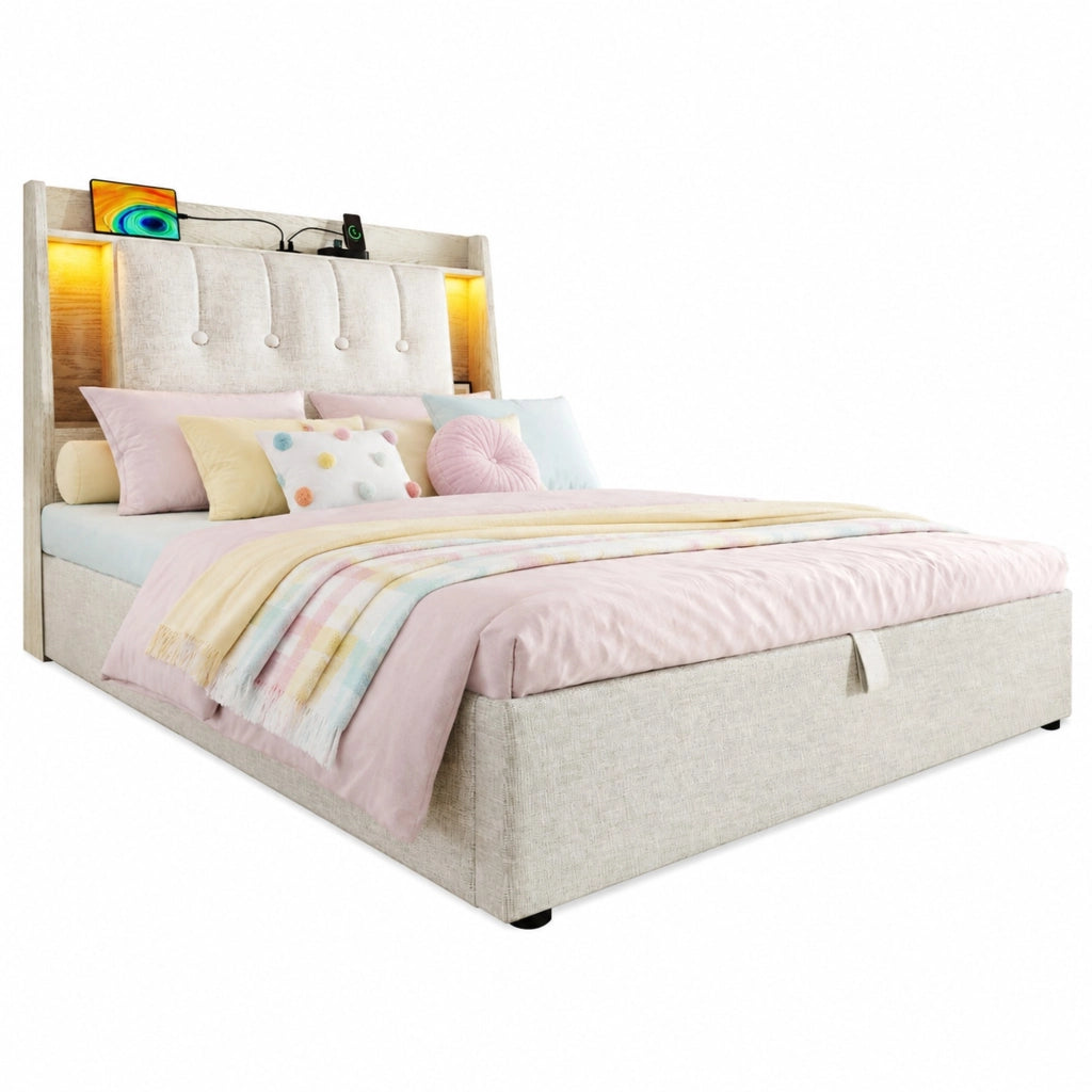 Letto per bambini 90x200 cm con LED; USB e Type-C; testiera con vani e scomparto ribaltabile; lino beige