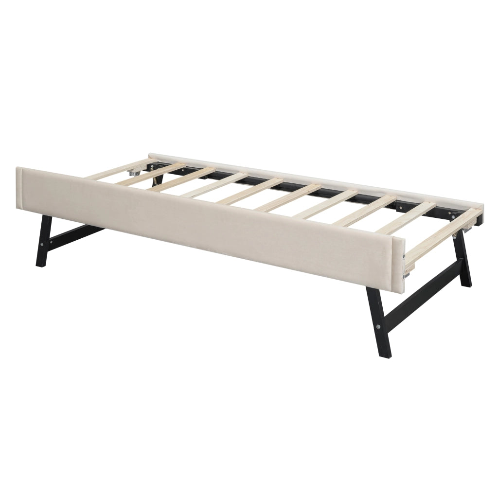 Letto con letto estraibile 90 × 200 cm con rete a doghe testiera imbottita in velluto e MDF beige