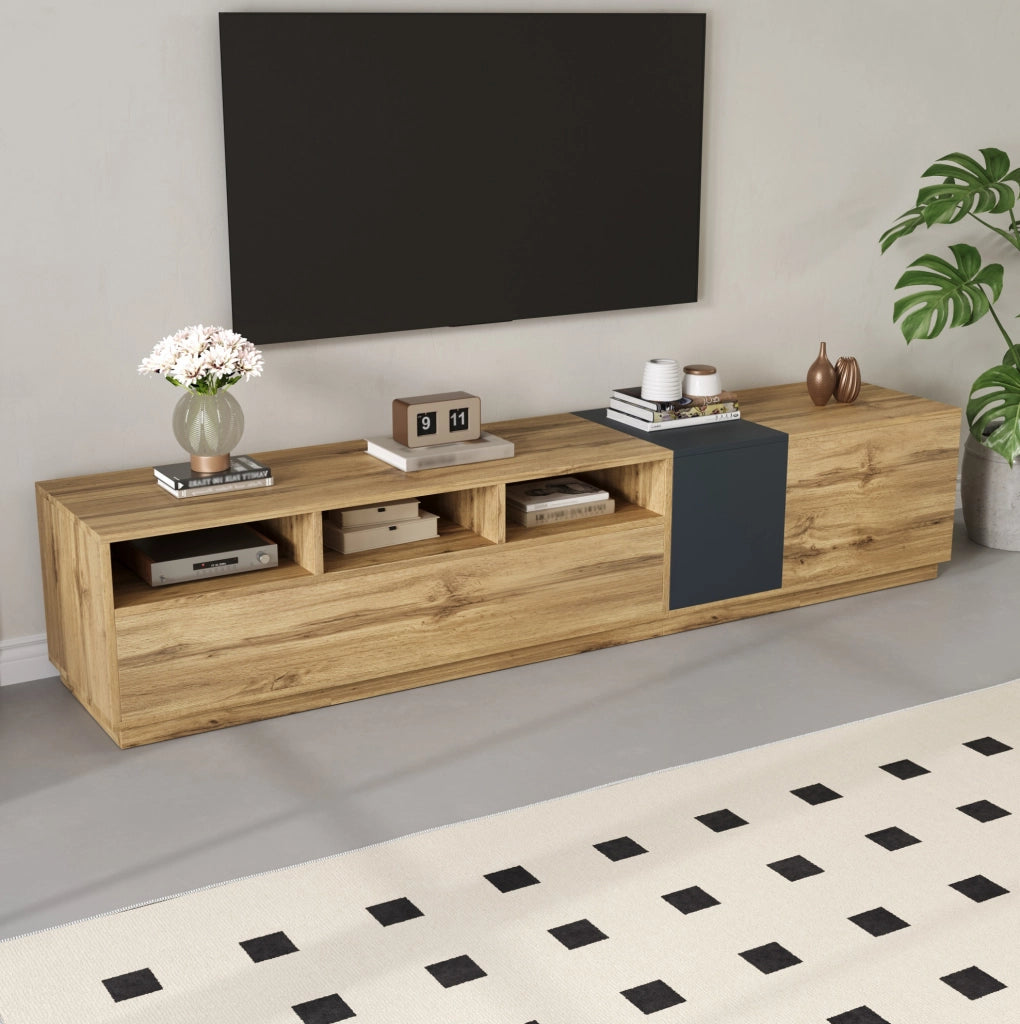 Mobile TV 200 cm in Truciolato Nero-Grigio con Ripiani Aperti e Ante Laterali