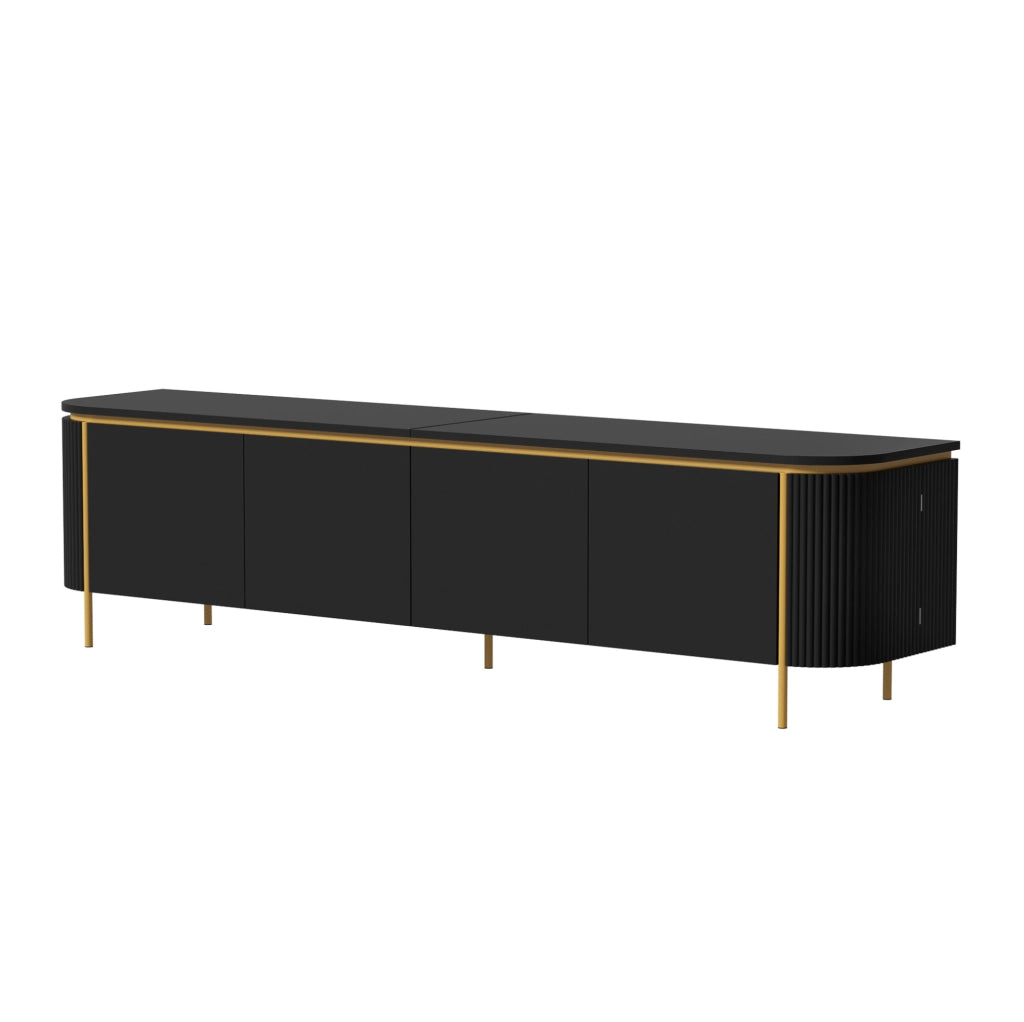 Mobile TV in MDF nero con 6 ante, piedi in ferro e passacavi, design con lati scanalati e angoli arrotondati, 180x38x46 cm