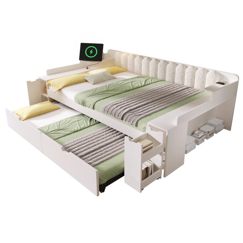Letto estraibile matrimoniale 140x200 cm; rete a doghe metalliche; stazione di ricarica; contenitore nascosto; legno; schienale sherpa; bianco