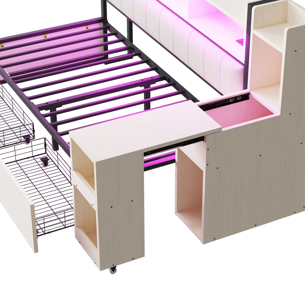 Letto divano singolo 90×200 cm con 2 cassetti; scrivania estraibile e prese integrate; senza materasso; bianco