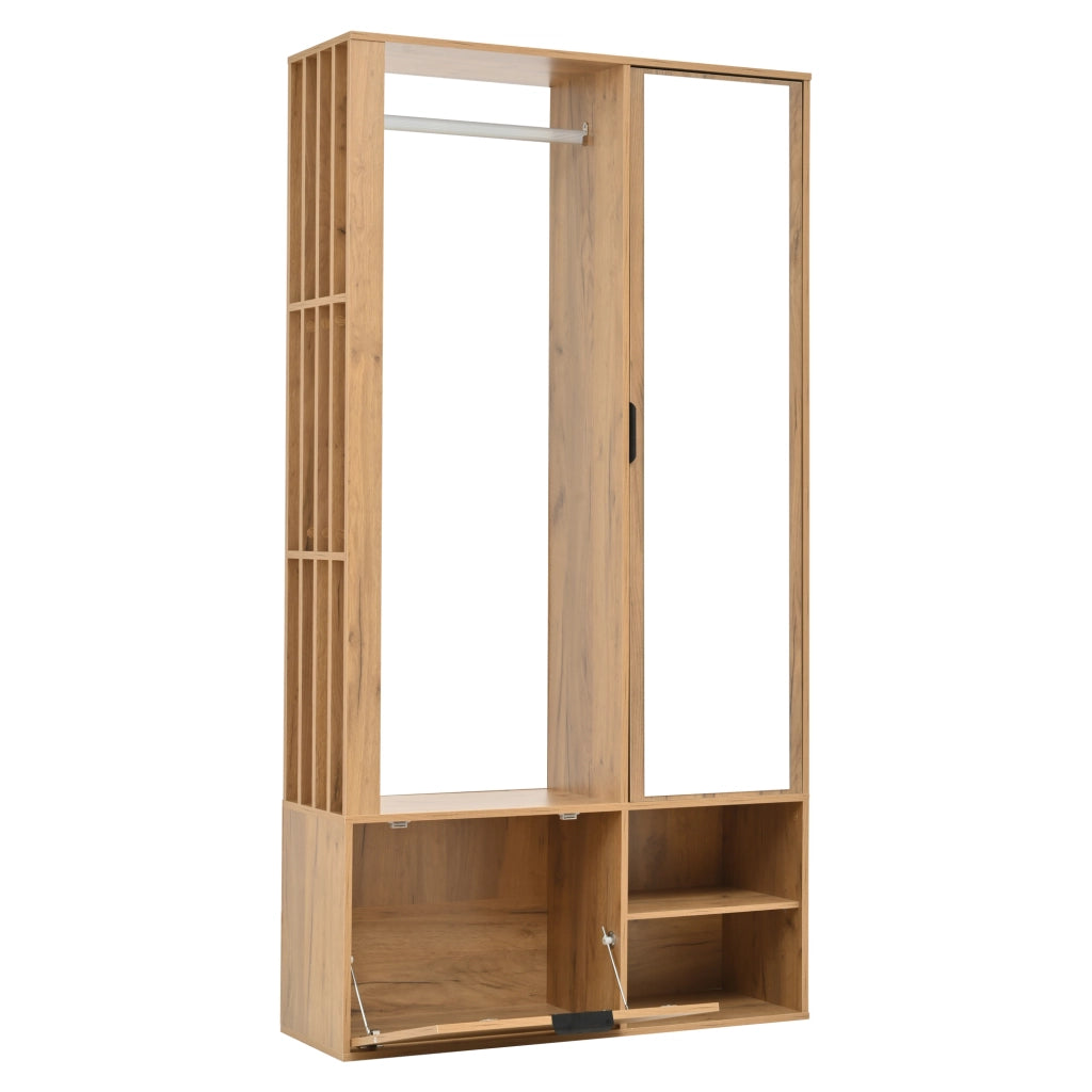 Mobile da ingresso con specchio, 2 armadietti, appendiabiti aperto e 9 vani, in truciolare naturale, 100 × 33 × 190 cm