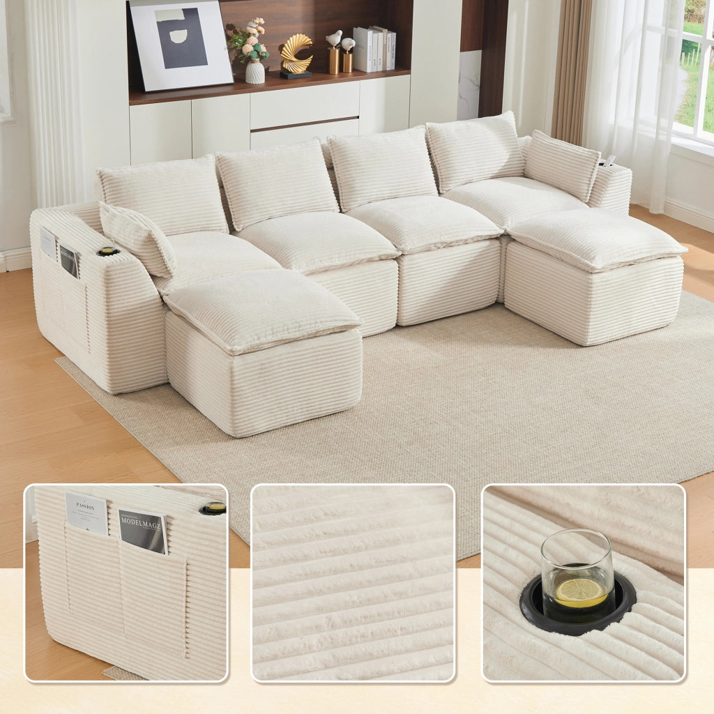 Divano 322x161x75 cm componibile con tasche laterali in velluto a coste beige