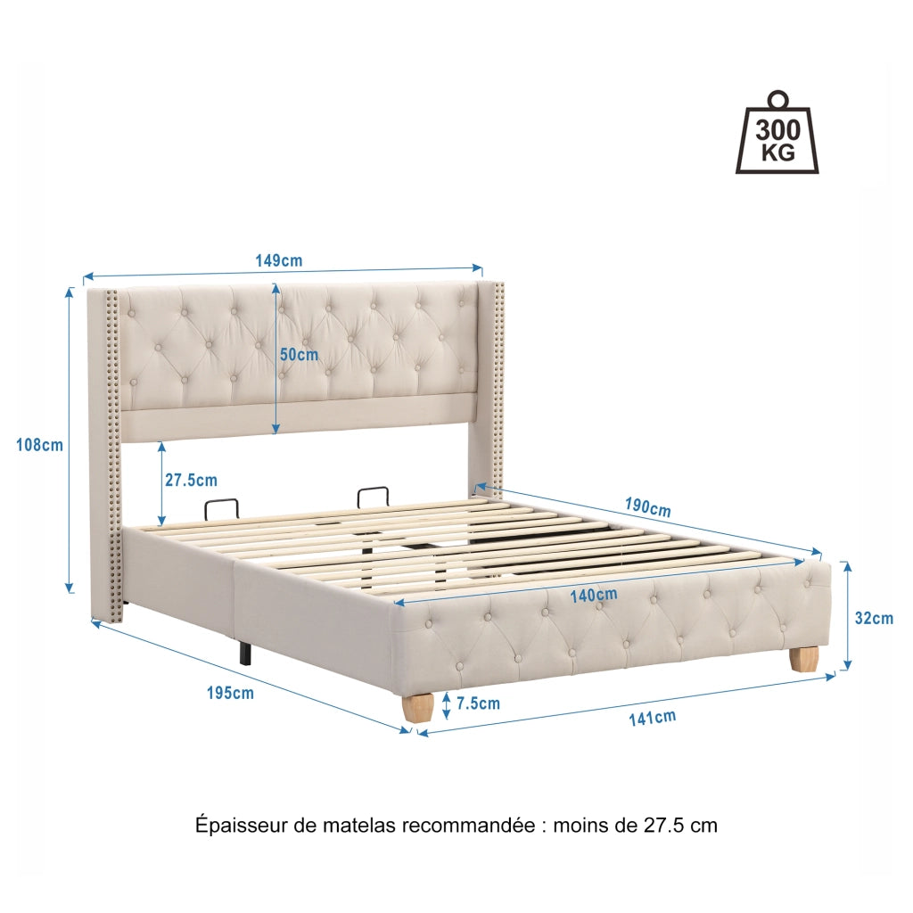 Letto matrimoniale imbottito in lino 140 x 190 cm, letto matrimoniale, testiera trapuntata a bottoni e borchie decorative, piedi in legno, beige