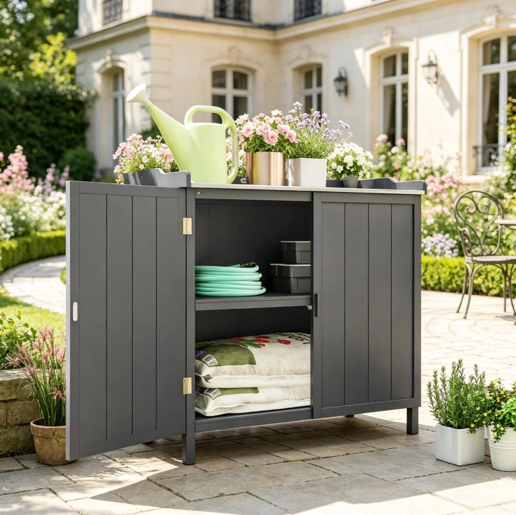 Armadio da giardino ULEVR 98x48x95,5 cm con ripiano e piano da rinvaso, legno di abete e metallo zincato grigio