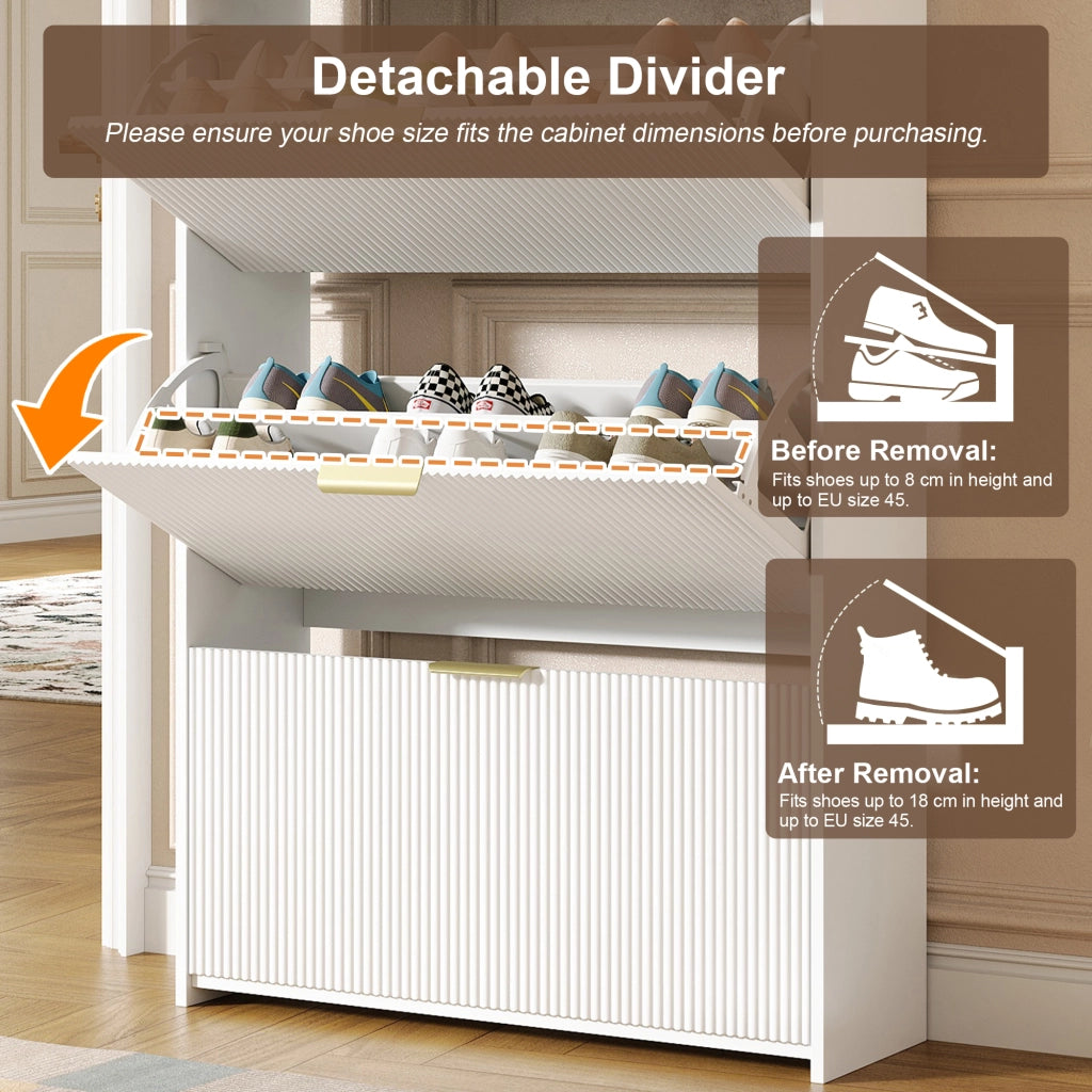 Scarpiera stretta con 3 vani a ribalta e 2 cassetti, per ingresso e corridoio, in truciolare bianco, 80 × 25 × 135 cm