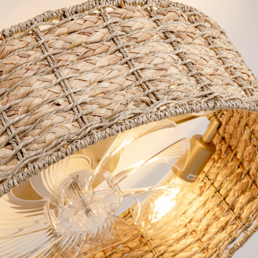 Ventilatore da soffitto 19 pollici in rattan naturale con luce, controllo doppio tramite app e telecomando, 6 velocità reversibili, pale in ABS silenziose