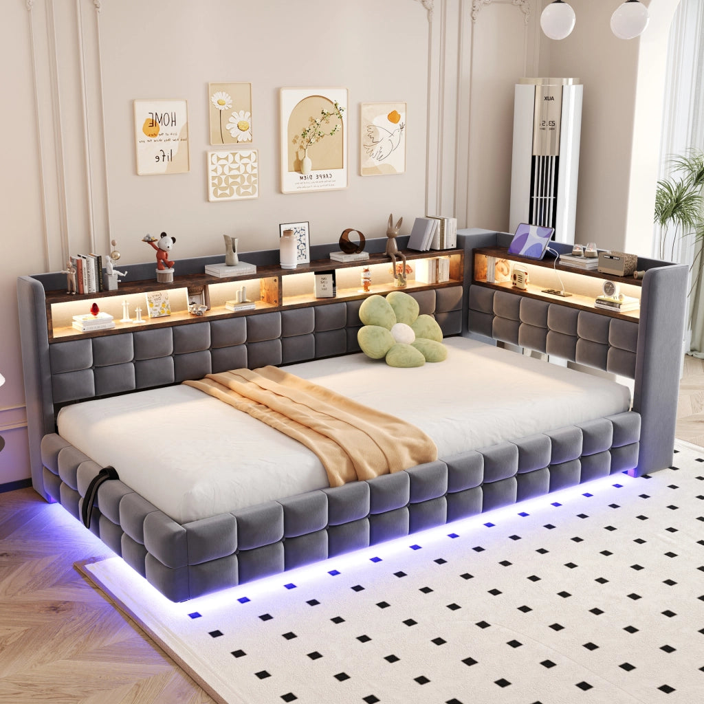 Divano letto imbottito 90x200 cm con vano idraulico; LED; prese USB e Type-C; mensole in legno; velluto grigio