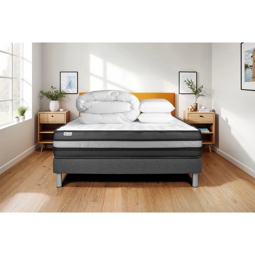 Pacchetto letto completo - Materasso 200x200cm + Box spring con doghe (kit) + 2 cuscini + Piumino - Vital Power Zen