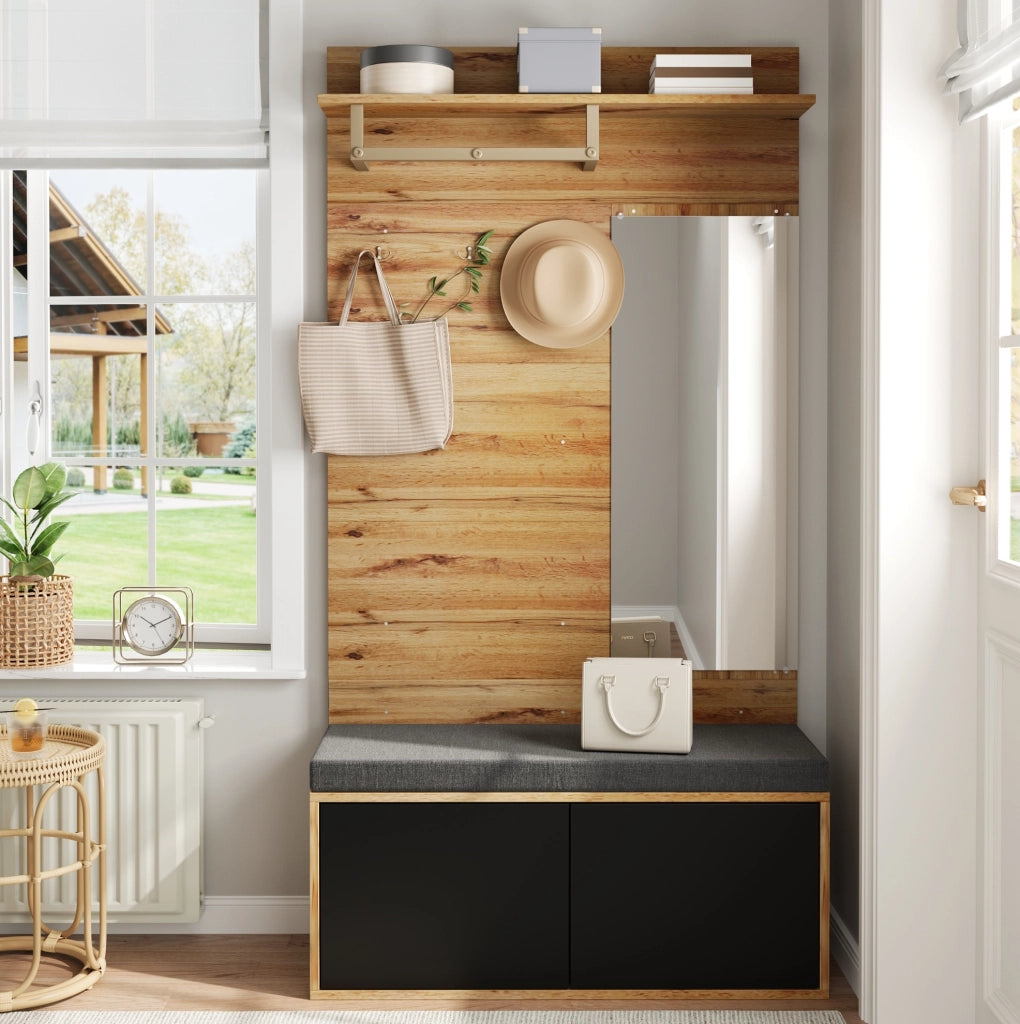 Guardaroba compatto da ingresso nero e legno con specchio