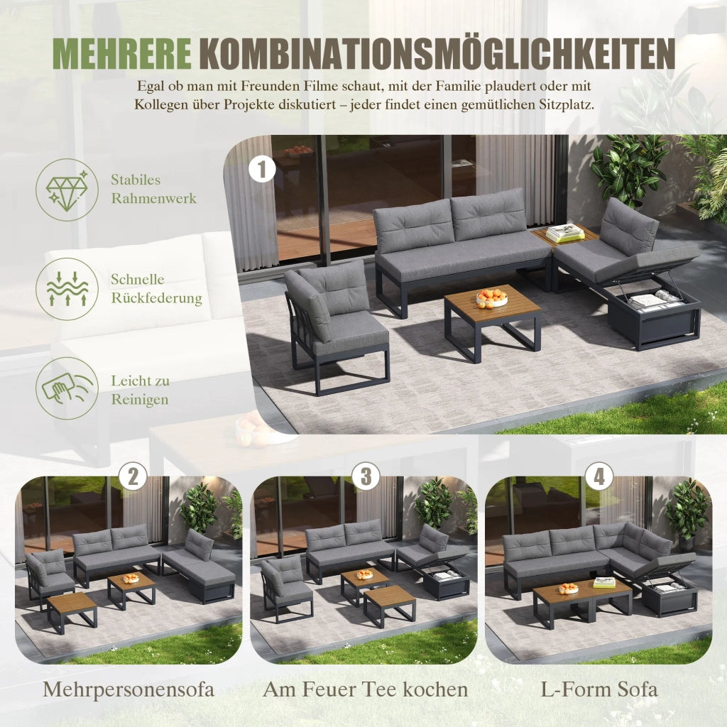 Set mobili da giardino multifunzione, schienale regolabile a 3 livelli con funzione reclinabile, cuscini spessi, vano portaoggetti, rivestimento in poliestere resistente alle intemperie, grigio scuro