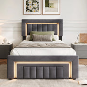 Letto imbottito grigio 90x190 cm con contenitore idraulico, LED e cassetto