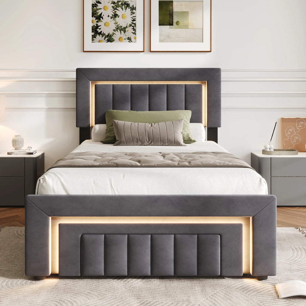 Letto imbottito grigio 90x190 cm con contenitore idraulico, LED e cassetto