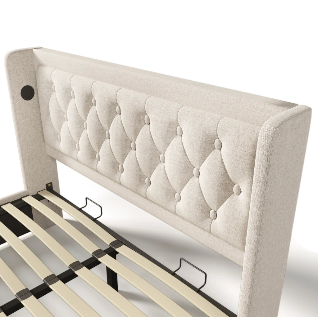 Letto matrimoniale imbottito 160x200 cm beige in cotone con contenitore idraulico, testiera imbottita con funzione di ricarica USB Tipo-C e illuminazione LED a 3 lati (senza materasso)
