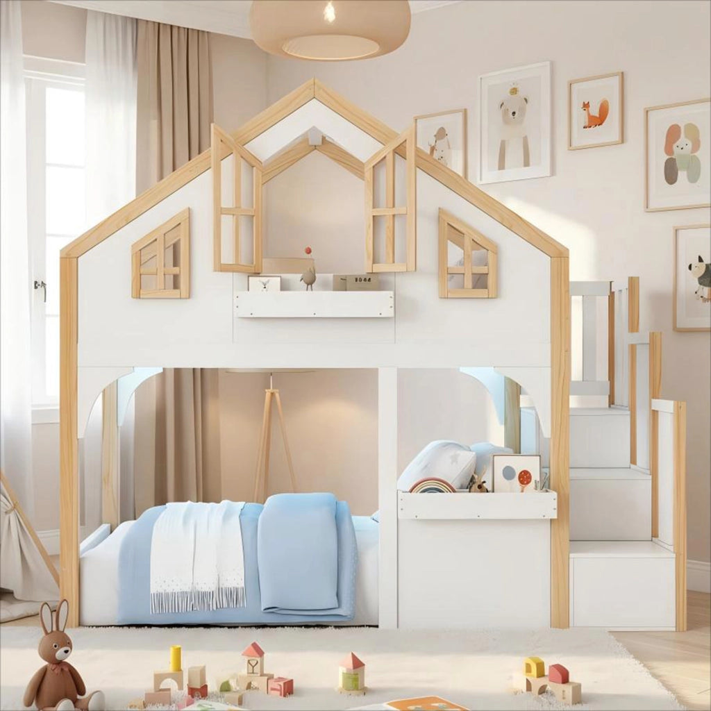 Letto a soppalco con led ¨C Minimal ¨C 90x200cm pino bianco con gradini contenitore