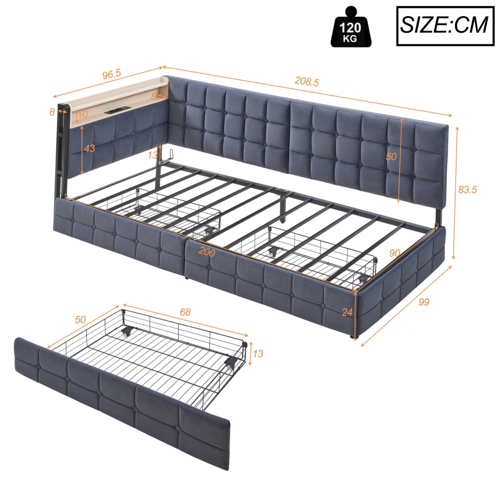 Divano letto imbottito 90x200 cm grigio con LED, USB/Type-C, 2 cassetti
