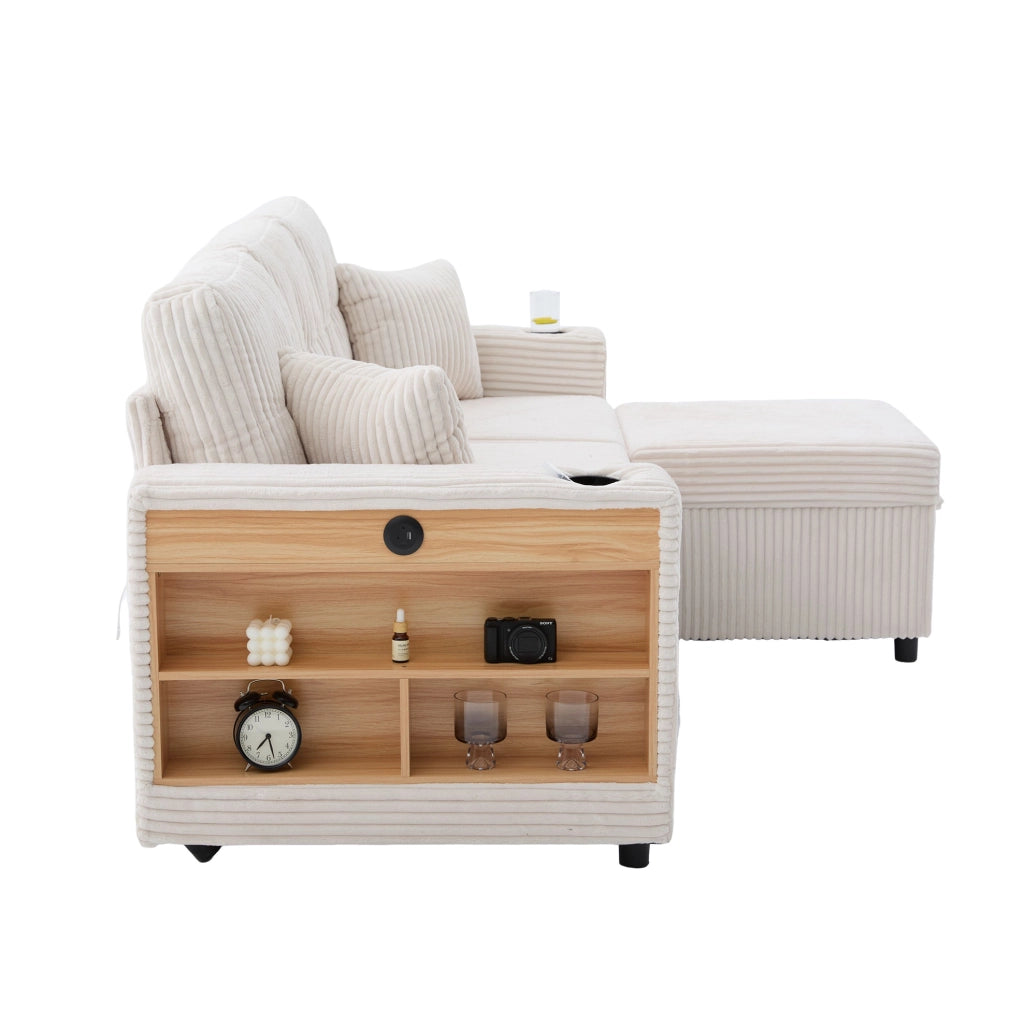 Divano letto in tessuto corduroy beige con contenitore; USB-C e luci LED; 196 cm