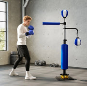 Supporto da palestra con due speedball, asta rotante e imbottitura kick, regolabile in altezza 140-205 cm, acciaio blu