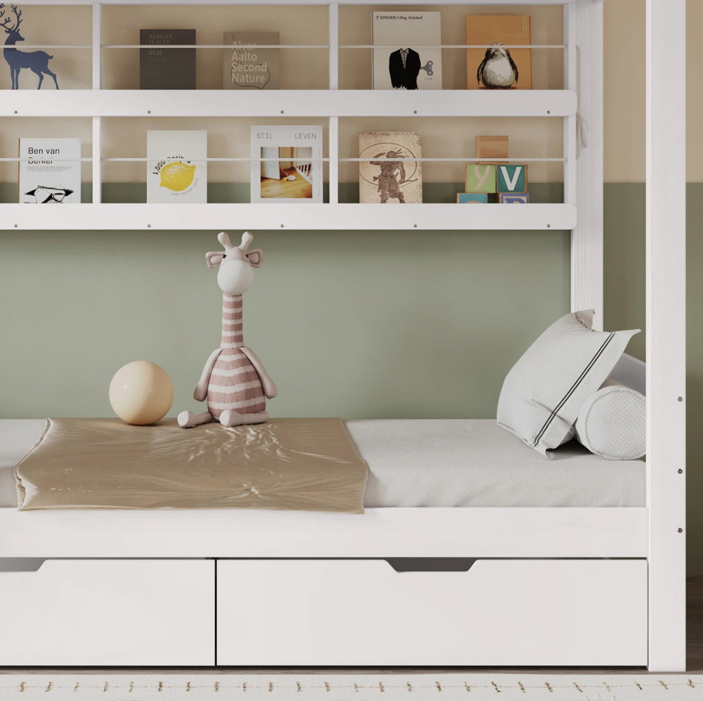 Letto a castello 90x200 cm in legno e MDF bianco con contenitori, senza materassi
