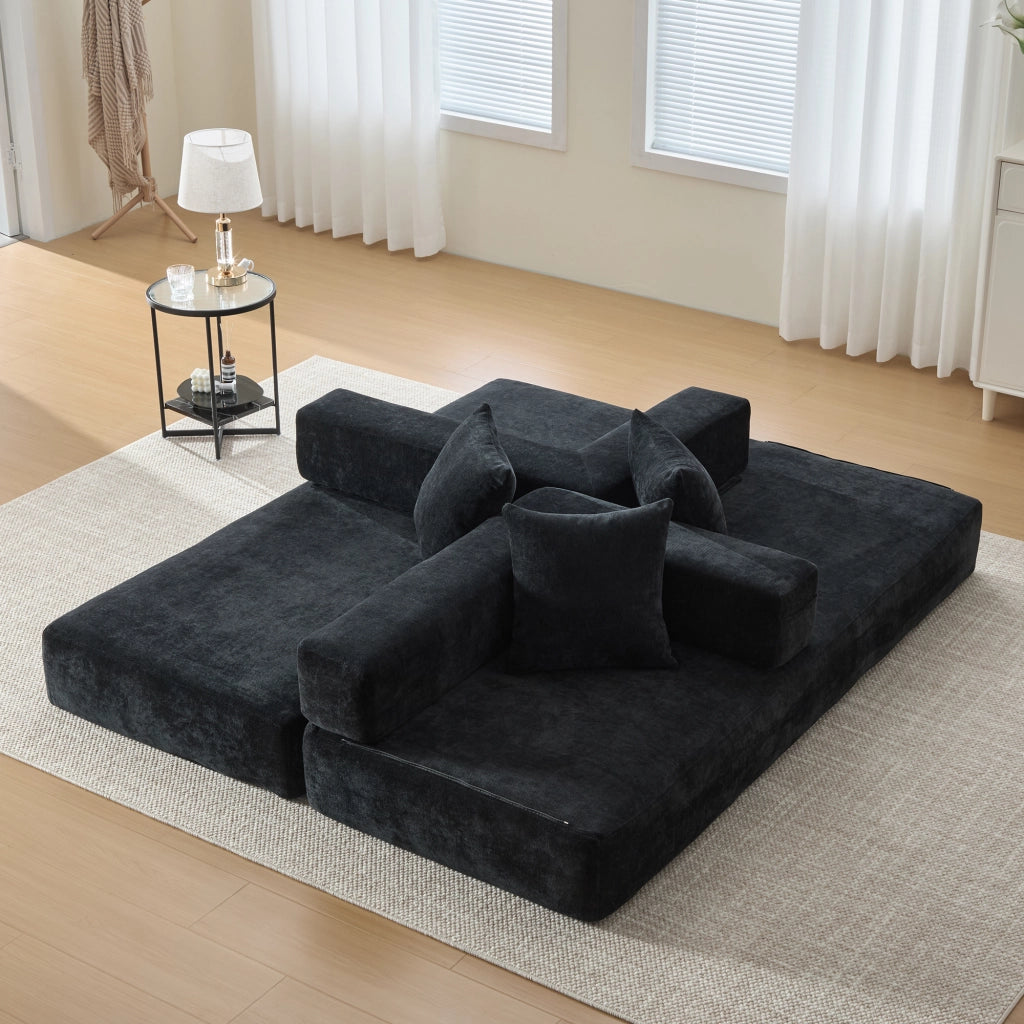 Divano modulare in chenille con tasche laterali e base antiscivolo - nero