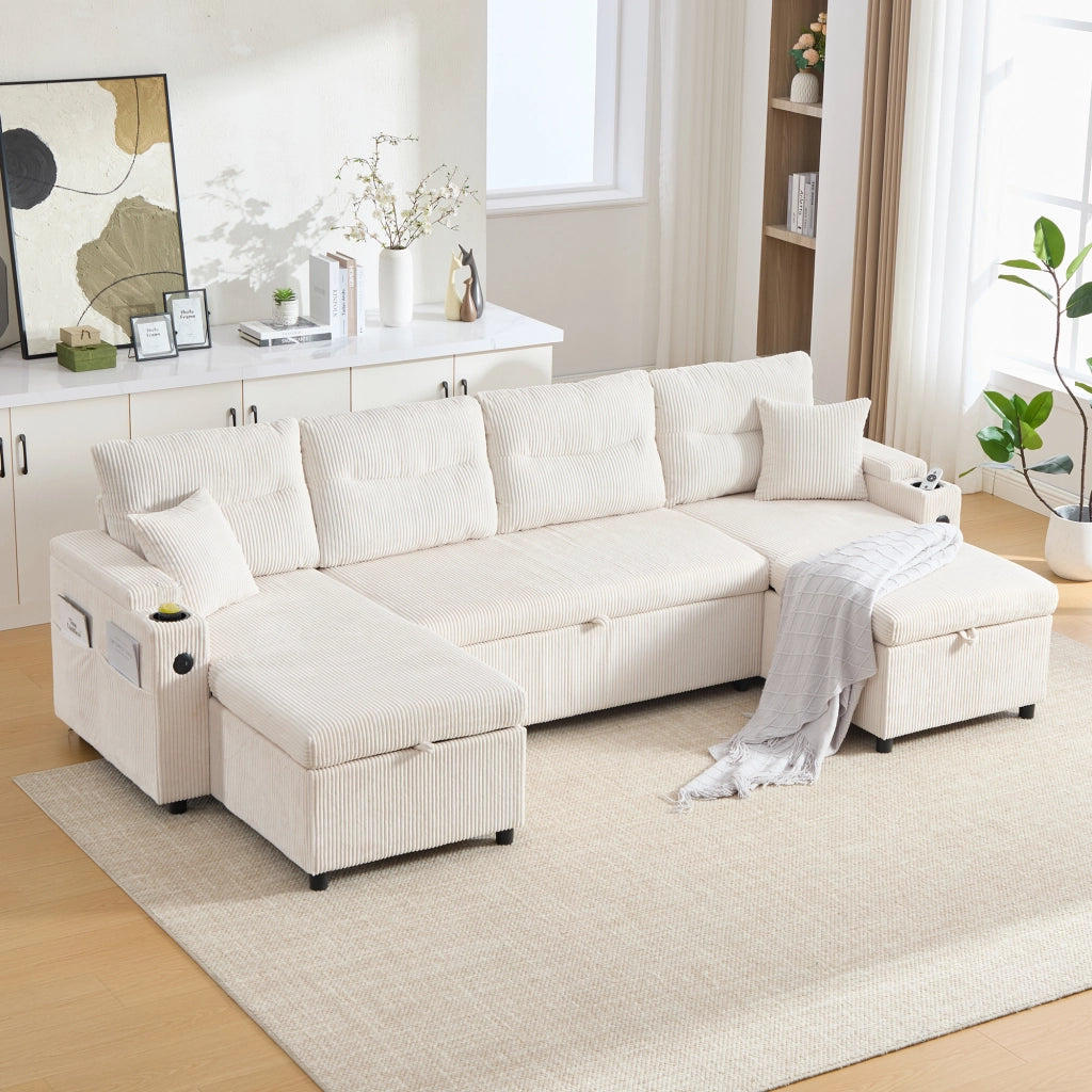 Divano Panoramico A U 4 Posti con portabicchieri, USB-C, vano contenitore, in Corduroy Beige