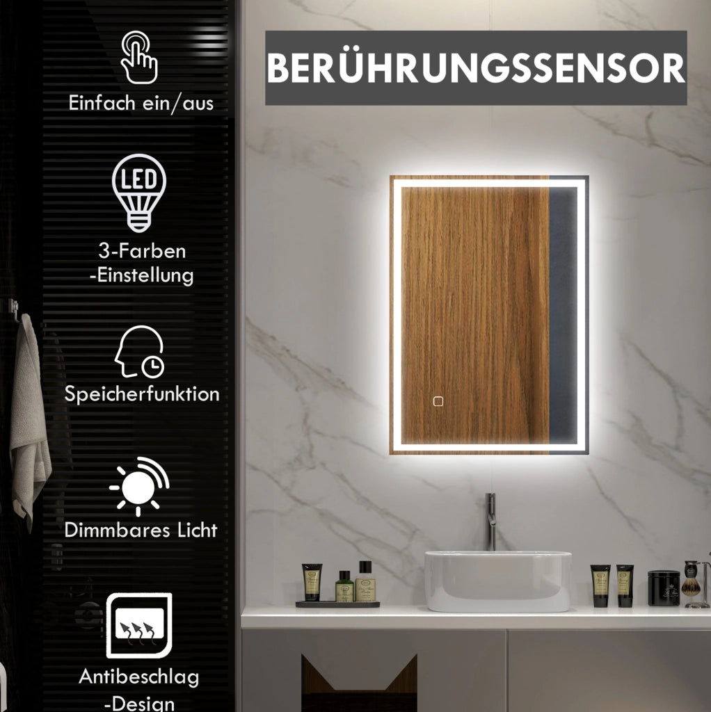 Specchio da bagno LED con interruttore touch, bianco, montaggio orizzontale o verticale
