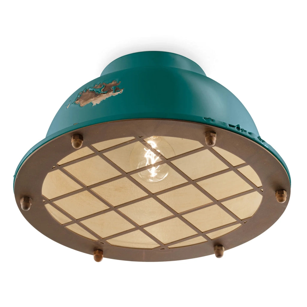 Plafoniera Industrial Ferro E Ceramica Vintage Verde 1 Luce E27